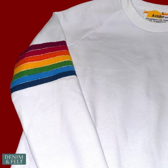 Aviator Nation Rainbow Stitch Sleeve White Crewneck Sweatshirt Small USA Fleece - Picture 10 of 15